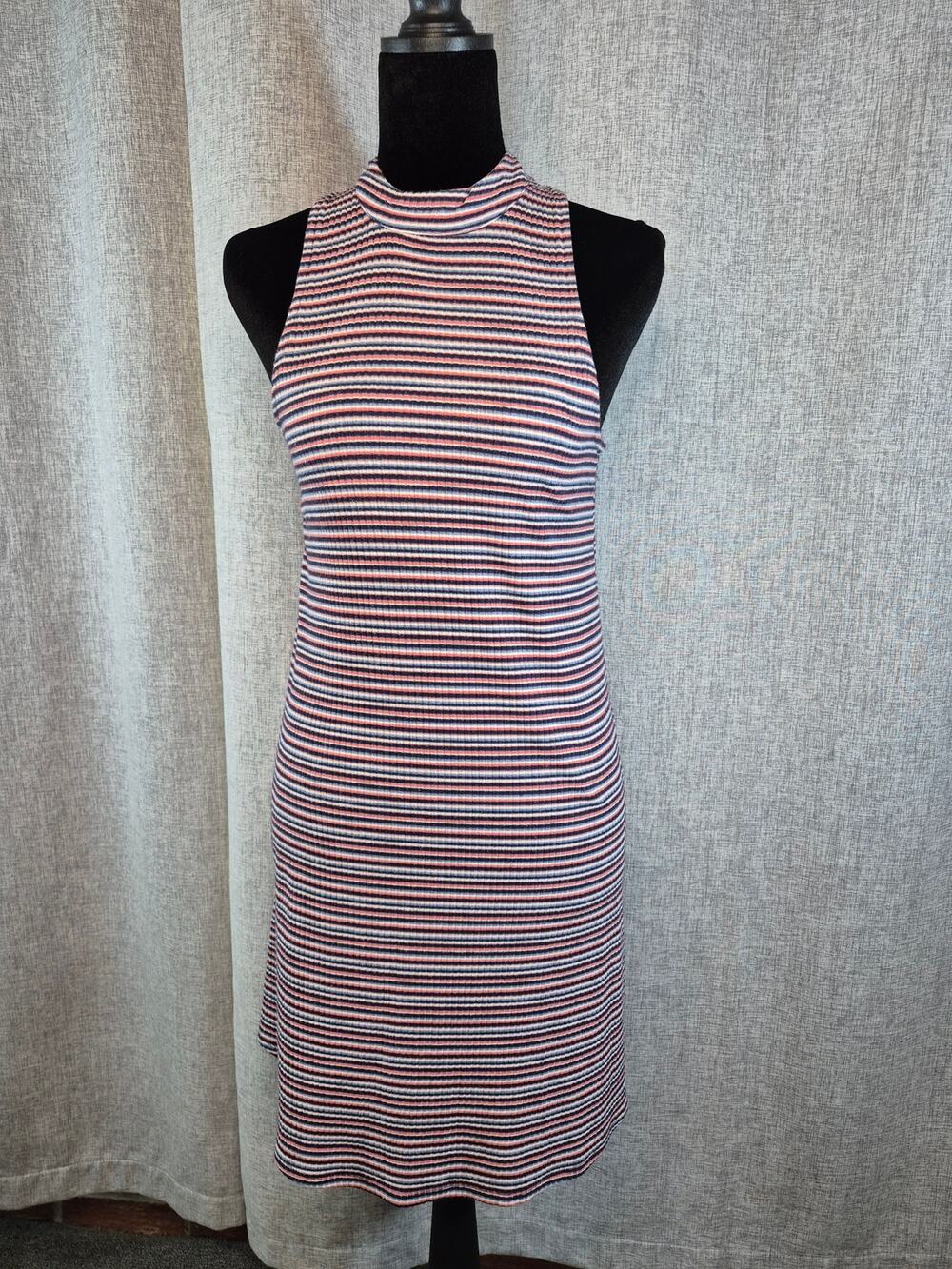 Love Fire Striped Mock Neck Swing Dress Small Sleeveless Keyhole Back